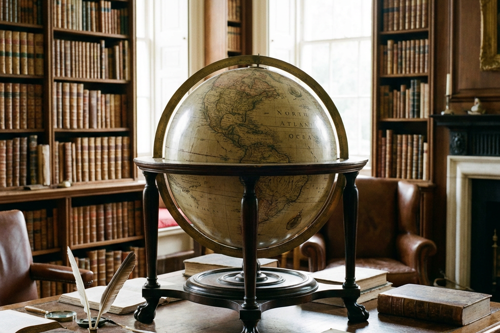 Antique globe on a desk in a library with floor-to-ceiling bookshelves.