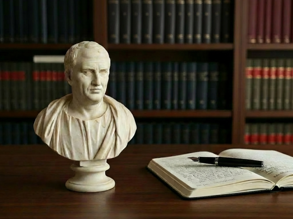 A dignified stack of thick legal and political theory books with worn, deep-navy and burgundy cloth covers, embossed with gold titles in Italian and Latin, arranged neatly on a dark walnut desk. Beside them lies an open notebook filled with precise handwritten notes and a sleek black fountain pen resting diagonally. Soft morning light from an unseen window grazes the page, creating gentle shadows along the paper’s texture and the wood grain. In the blurred background, shelves of organized volumes suggest a serious study. Photographic realism, eye-level composition with a shallow depth of field, calm and professional mood, clean and modern aesthetic suitable for a rigorous legal-political blog.